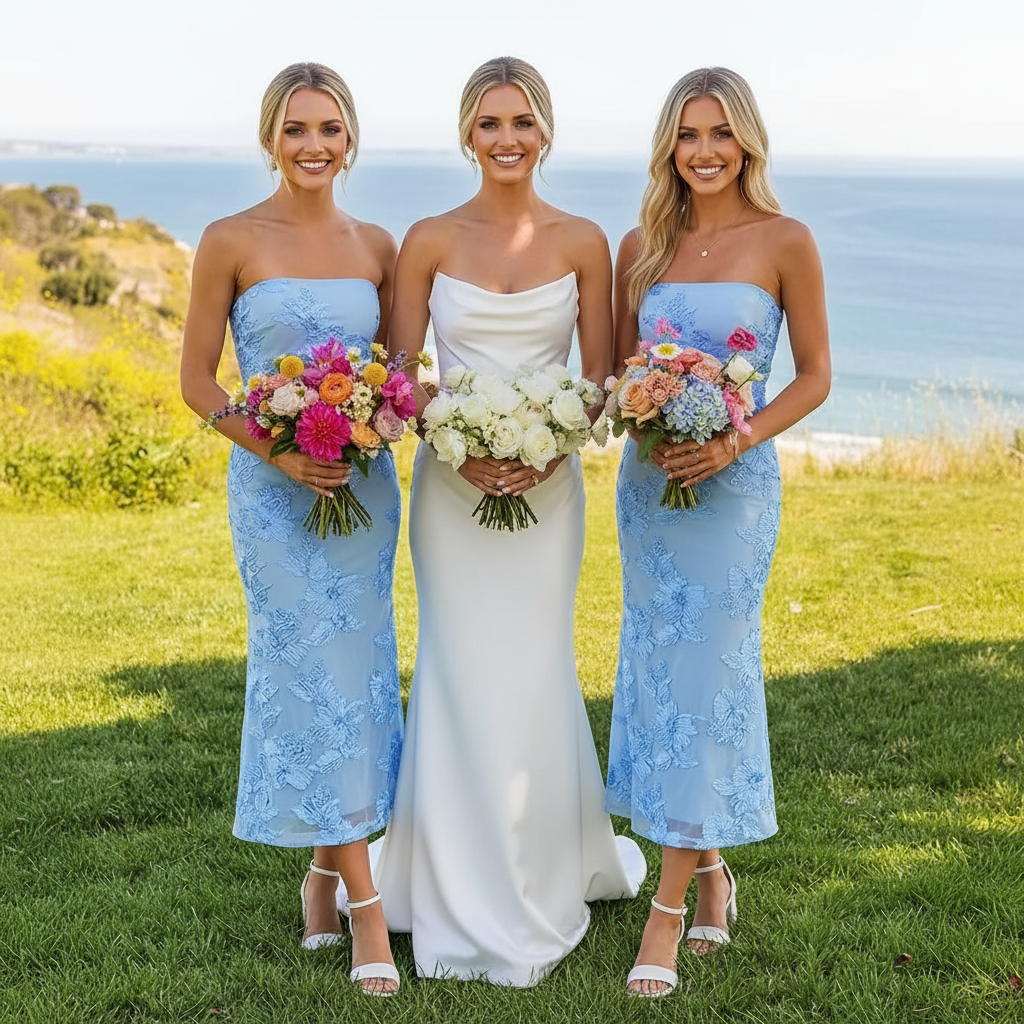 ZESICA Floral Mesh Strapless Midi Dress